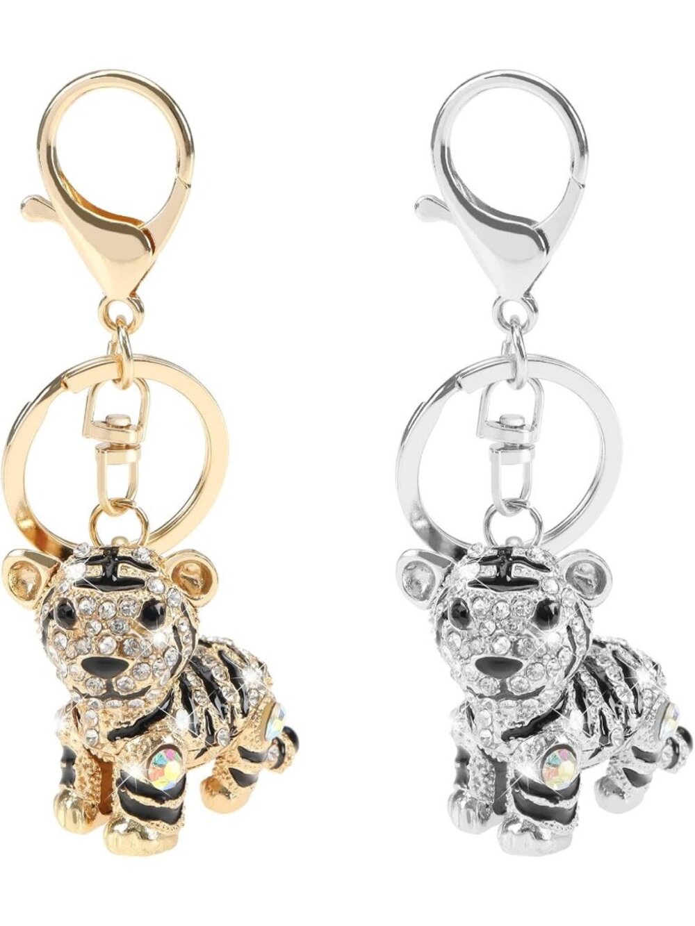 Silver Gold 2PCS 3D Tiger Rhinestone Keyring Animal Charm Backpack Ornament Gift